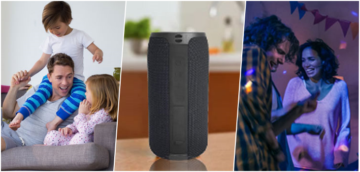 collage of multiple users of Mega MagnaBOOM speaker while family time and partying